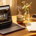 Laptop menampilkan situs web Review It di atas meja kayu, ditemani secangkir kopi hangat beruap, vas bunga cantik, tumpukan buku jurnalisme politik ekonomi, dan naskah skripsi terbuka