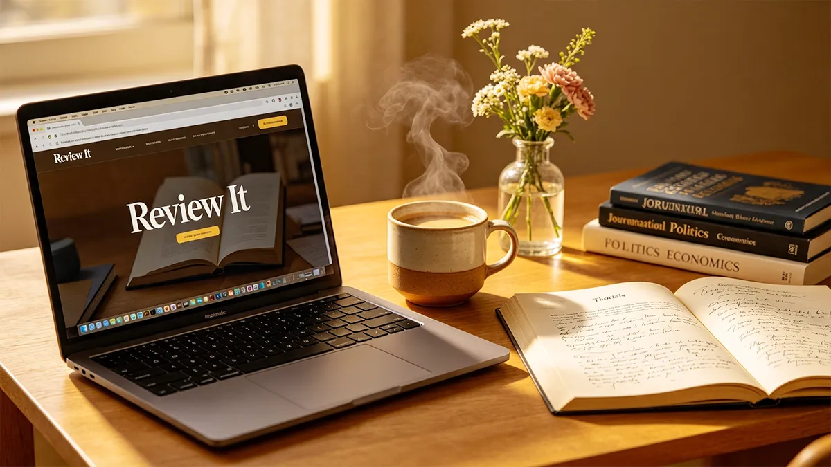 Laptop menampilkan situs web Review It di atas meja kayu, ditemani secangkir kopi hangat beruap, vas bunga cantik, tumpukan buku jurnalisme politik ekonomi, dan naskah skripsi terbuka