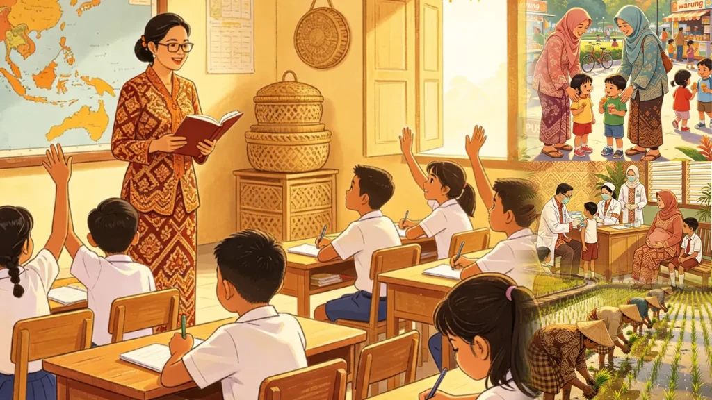 Ilustrasi kolase pengabdian guru mengajar di kelas, petani menanam padi, tenaga kesehatan, dan pastinya ibu yang bekerja dalam diam.