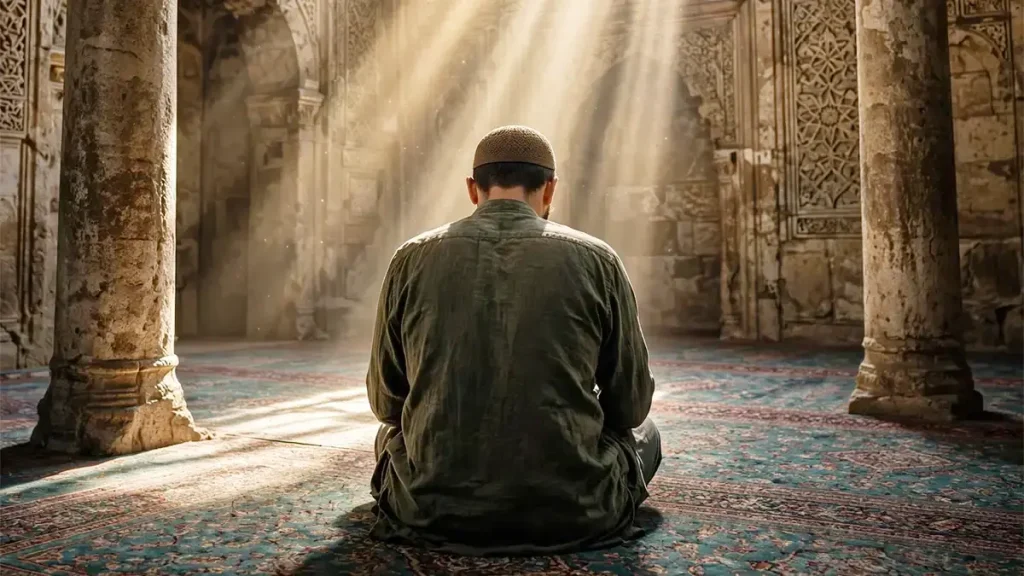 Pria duduk khusyuk berdoa di dalam masjid dengan sorotan cahaya matahari yang tenang dan penuh kedamaian. (Foto: Ist)