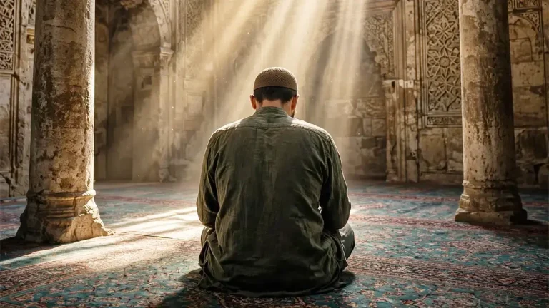 Pria duduk khusyuk berdoa di dalam masjid dengan sorotan cahaya matahari yang tenang dan penuh kedamaian. (Foto: Ist)