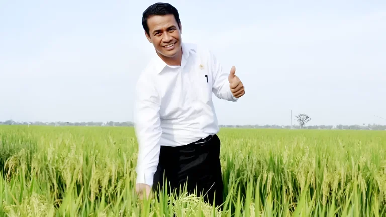Andi Amran Sulaiman tersenyum dan memberikan jempol di tengah sawah padi hijau yang subur
