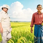 Kolase foto Presiden Prabowo Subianto (kiri) dan Menteri Pertanian Andi Amran Sulaiman (tengah) berdiri di tengah sawah yang luas, di samping seorang petani lokal yang tersenyum memegang padi siap panen