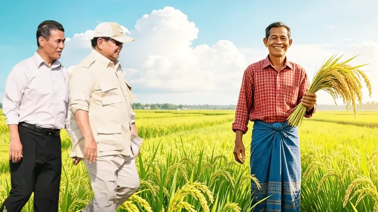 Kolase foto Presiden Prabowo Subianto (kiri) dan Menteri Pertanian Andi Amran Sulaiman (tengah) berdiri di tengah sawah yang luas, di samping seorang petani lokal yang tersenyum memegang padi siap panen