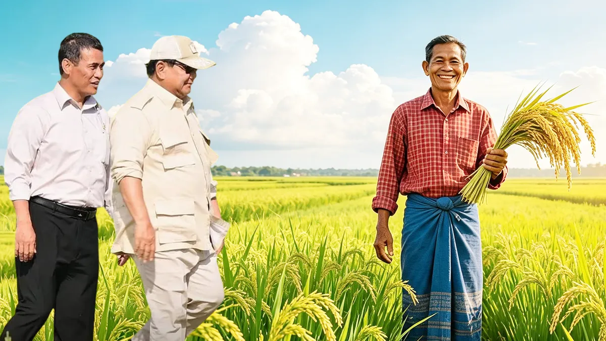 Kolase foto Presiden Prabowo Subianto (kiri) dan Menteri Pertanian Andi Amran Sulaiman (tengah) berdiri di tengah sawah yang luas, di samping seorang petani lokal yang tersenyum memegang padi siap panen