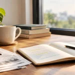 Review It - Meja dengan buku terbuka, catatan, pena, dan secangkir kopi di dekat jendela